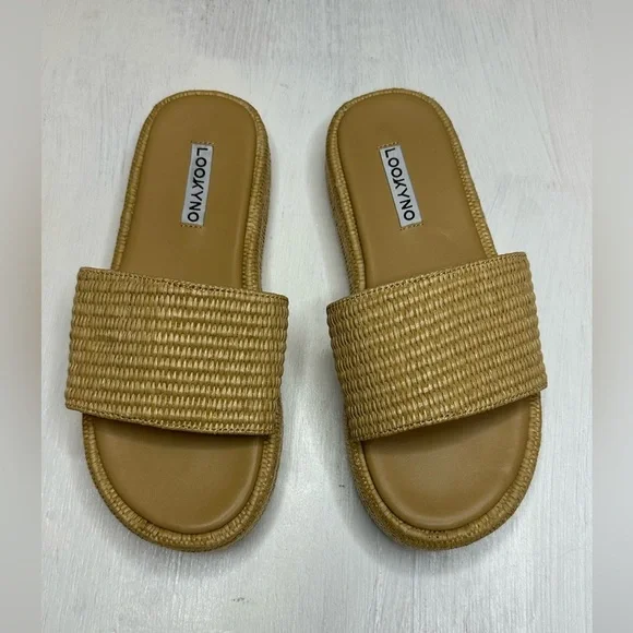 Lookyno Raffia Slide Sandals Women’s EU 37 Tan Woven Platform Summer Shoes - Picture 2 of 11